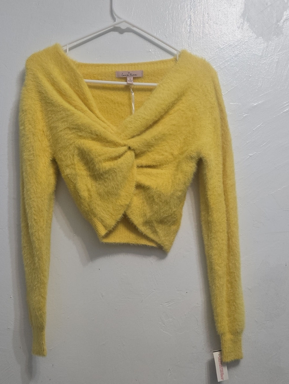 Love Tree Sunny Yellow Twist-Front Fuzzy Crop Sweater